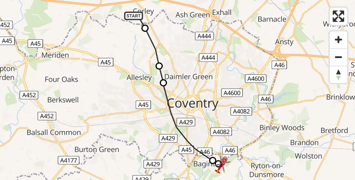 Flight path map showing Air Ambulance Helicopter route from Corley to Coventry Airport