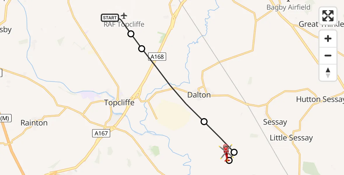 Flight path map showing Air Ambulance Helicopter route from RAF Topcliffe to Eldmire with Crakehill