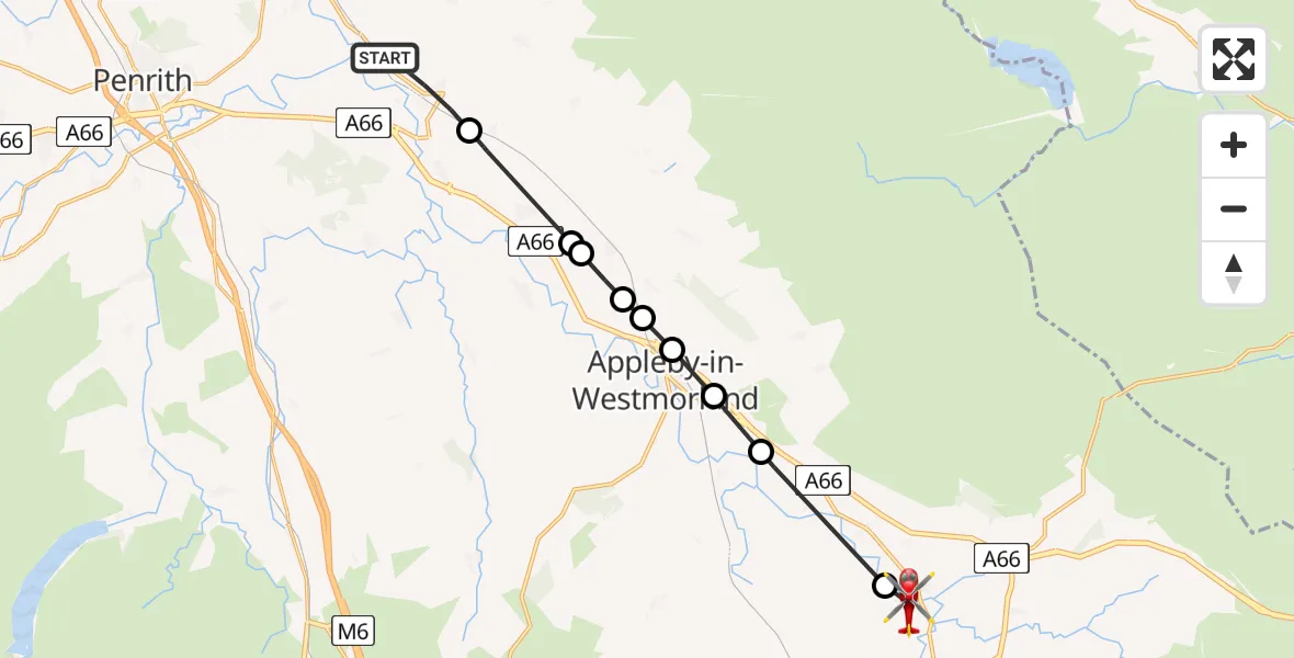 Flight path map showing Air Ambulance Helicopter route from Culgaith to Great Musgrave