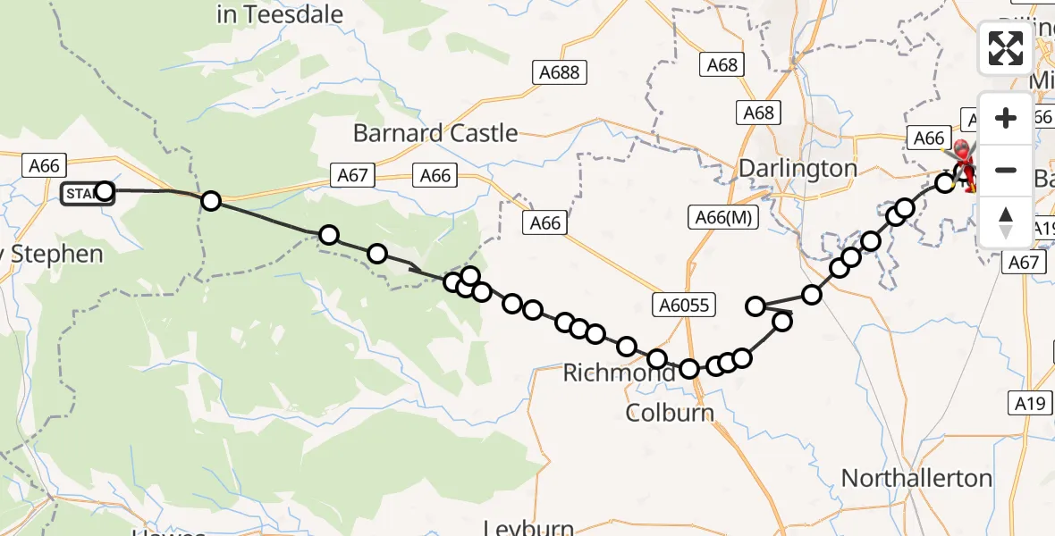 Flight path map showing Air Ambulance Helicopter route from Brough Sowerby to Egglescliffe