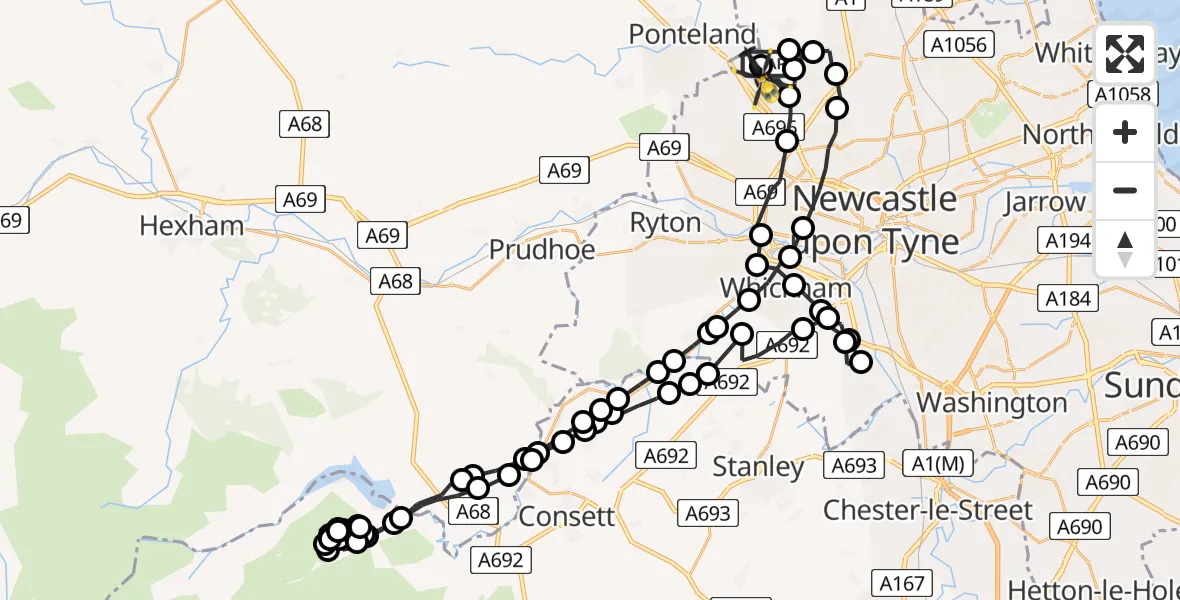 Flight path map showing Police Helicopter route from Newcastle International Airport to Newcastle International Airport