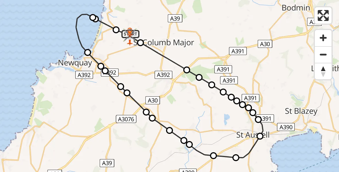 Routekaart van de vlucht: Coastguard Helicopter to Cornwall Airport Newquay