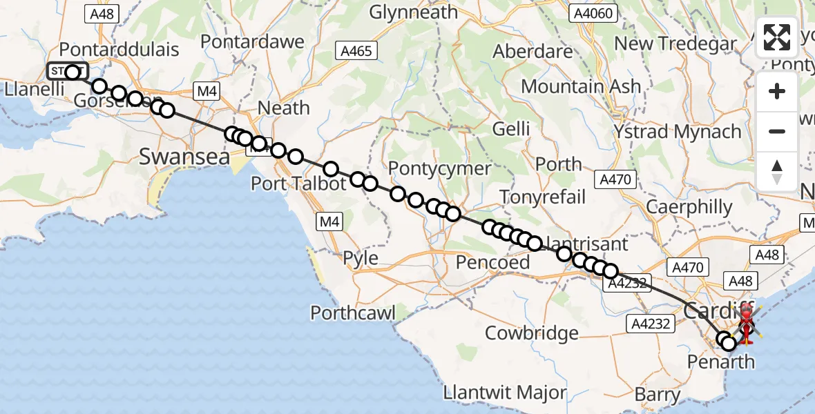 Flight path map showing Air Ambulance Helicopter route from Dafen to Cardiff Heliport