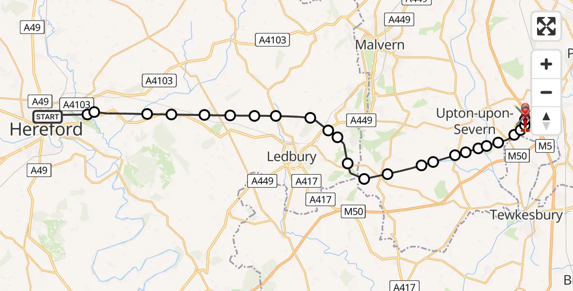 Flight path map showing Air Ambulance Helicopter route from Hereford to Hill Croome