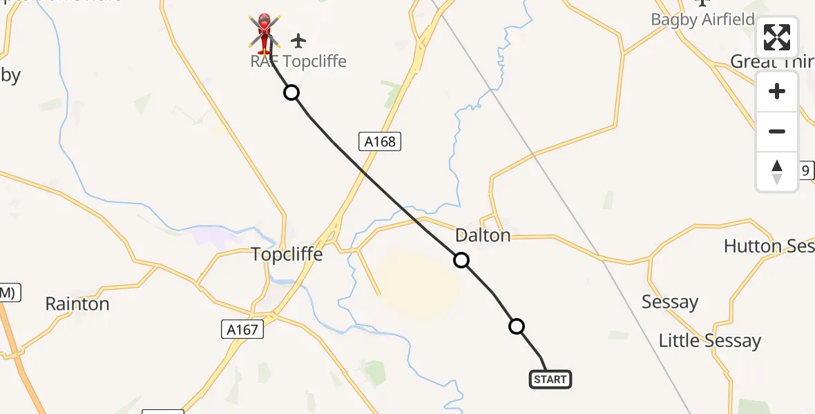Flight path map showing Air Ambulance Helicopter route from Eldmire with Crakehill to RAF Topcliffe