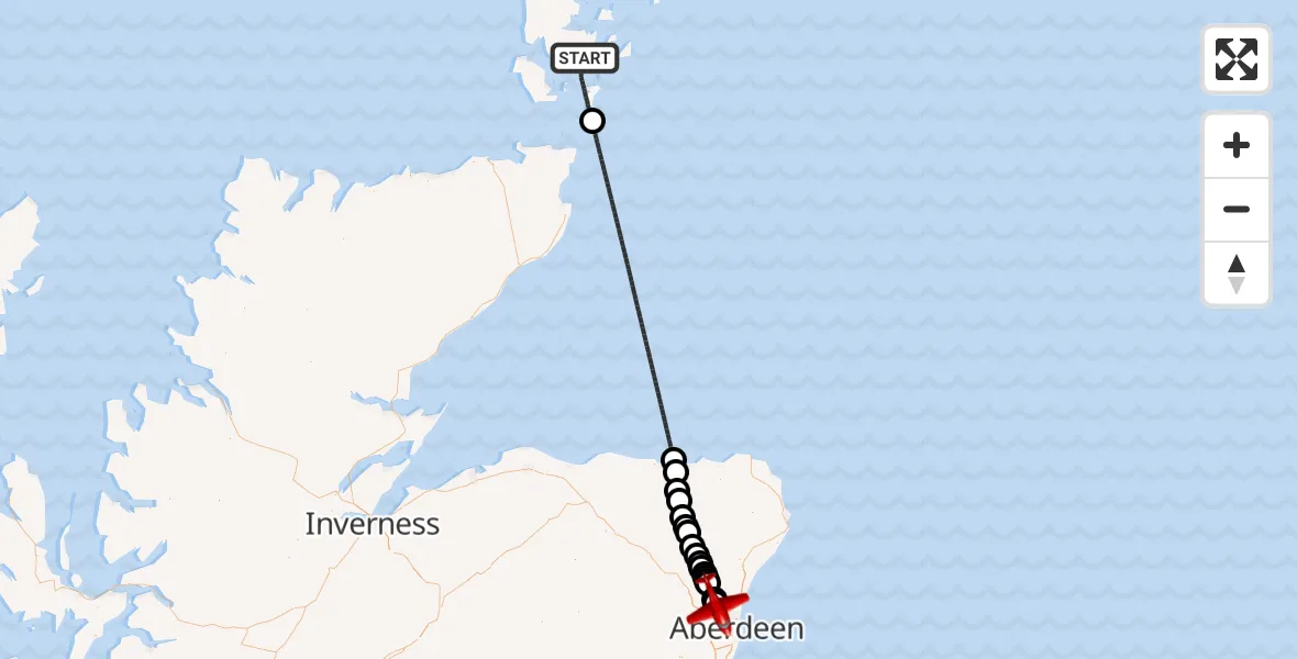 Flight path map showing Air Ambulance Aircraft route from North Atlantic Ocean to Aberdeen City