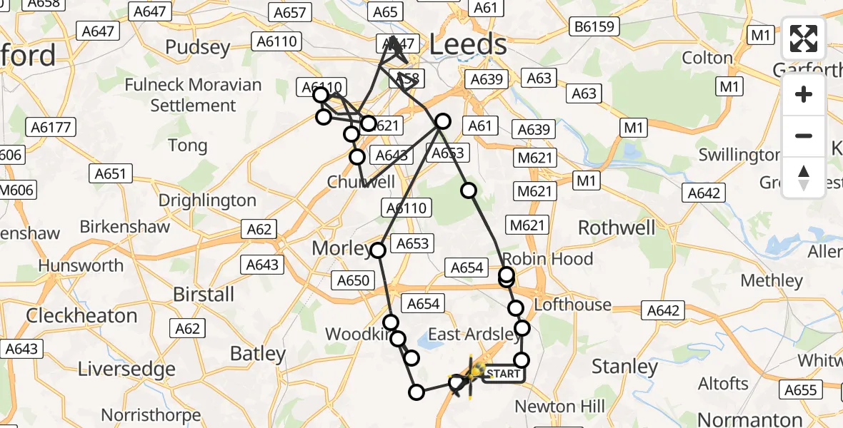 Flight path map showing Police Helicopter route from Wakefield to East Ardsley