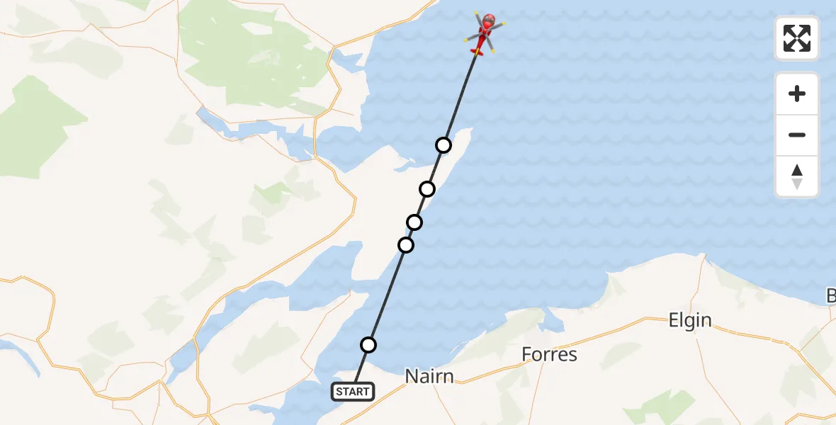 Flight path map showing Air Ambulance Helicopter route from Ardersier to North Sea