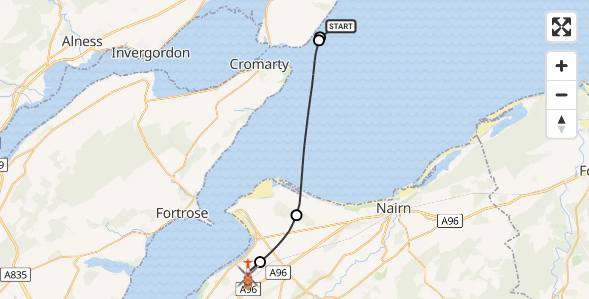 Flight path map showing Coastguard Helicopter route from North Sea to Inverness Airport