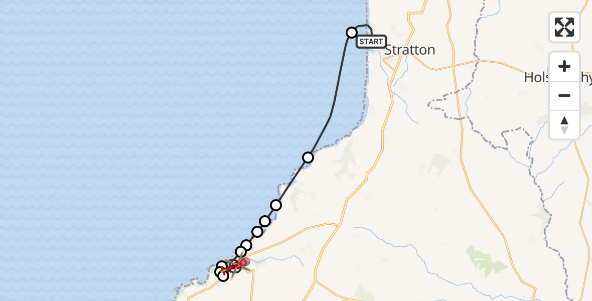 Flight path map showing Air Ambulance Helicopter route from Bude to Boscastle