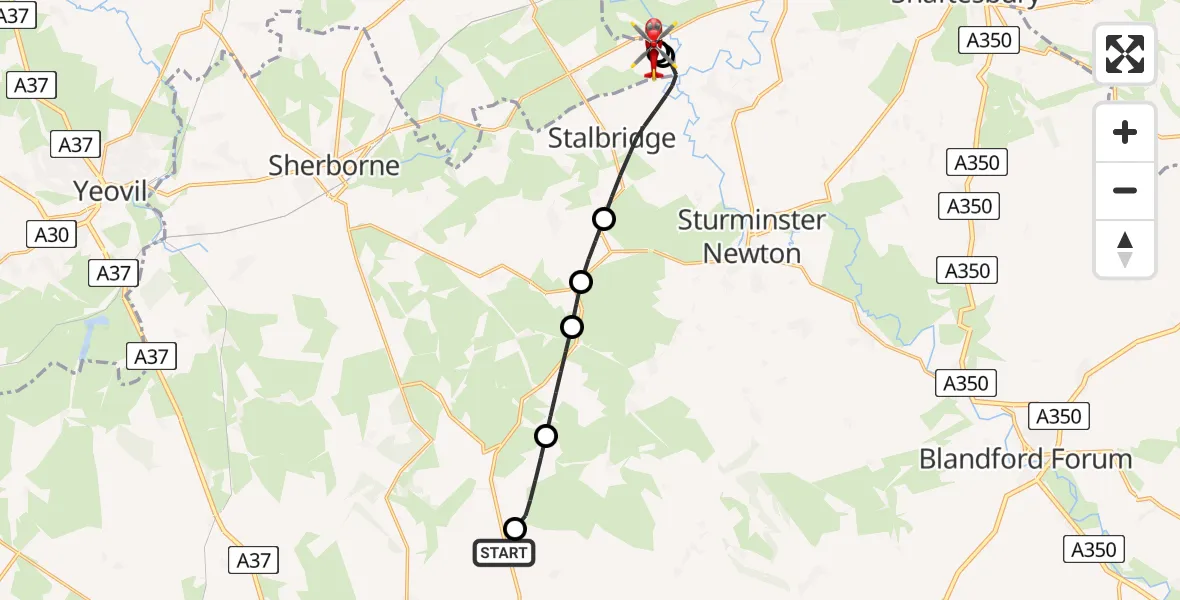 Flight path map showing Air Ambulance Helicopter route from Piddletrenthide to Henstridge Airfield