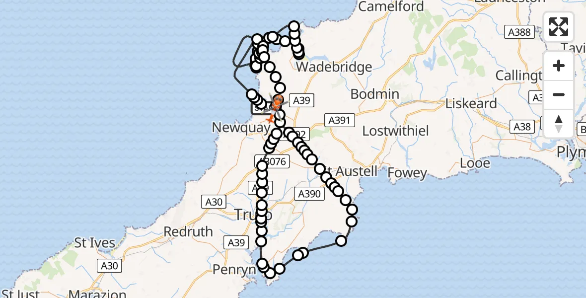 Flight path map showing Coastguard Helicopter route from Tregurrian to Cornwall Airport Newquay