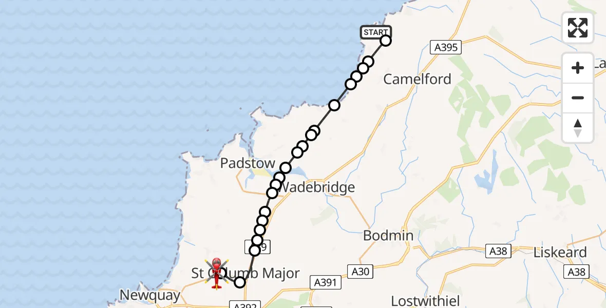 Flight path map showing Air Ambulance Helicopter route from Tintagel to Cornwall Airport Newquay