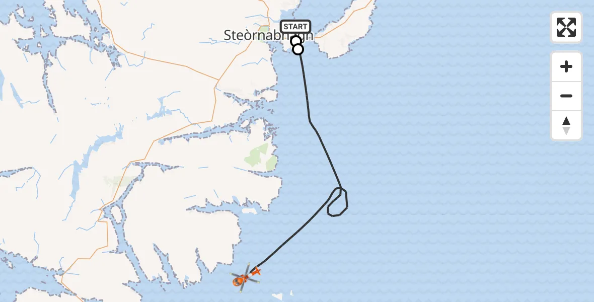 Flight path map showing Coastguard Helicopter route from Stornoway Airport to Inner Seas