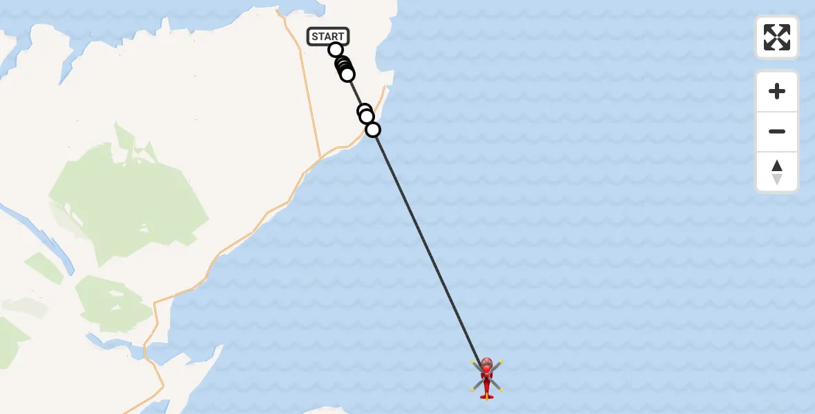 Flight path map showing Air Ambulance Helicopter route from Bower to North Sea