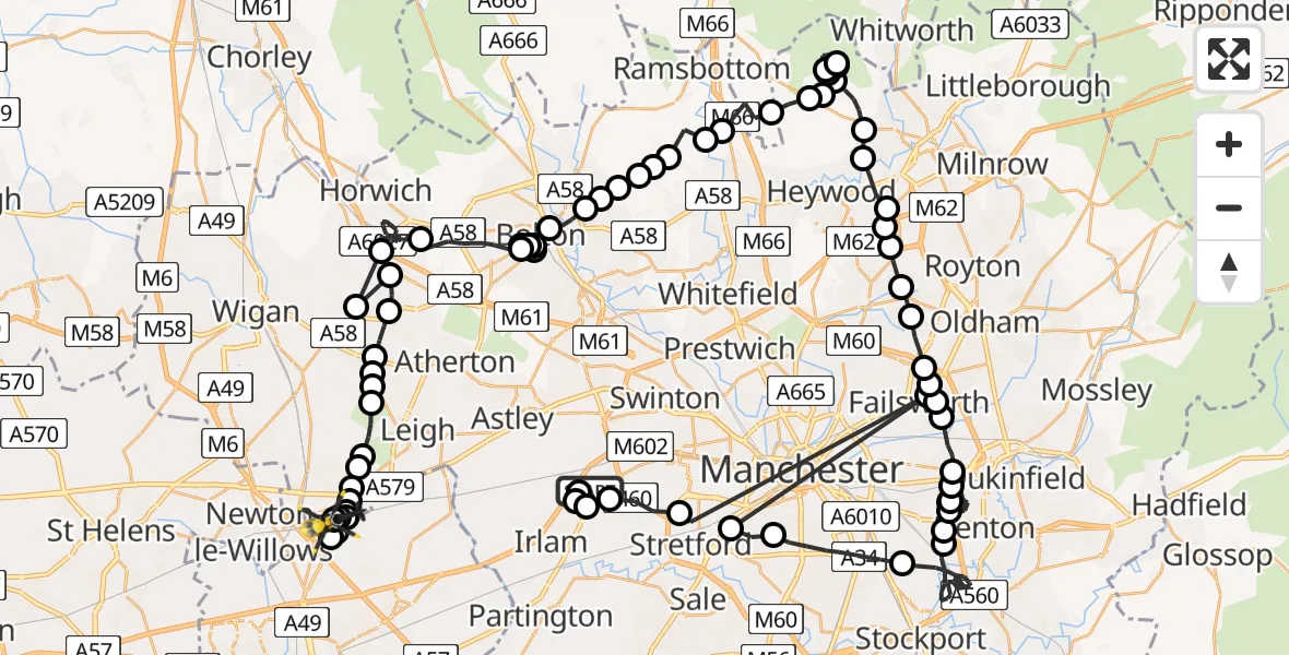 Flight path map showing Police Helicopter route from Manchester Barton Aerodrome to Town of Lowton