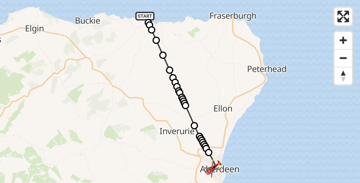 Flight path map showing Air Ambulance Helicopter route from North Sea to Aberdeen City