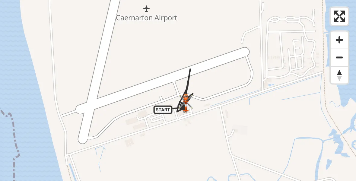 Flight path map showing Coastguard Helicopter route from Caernarfon Airport to Caernarfon Airport