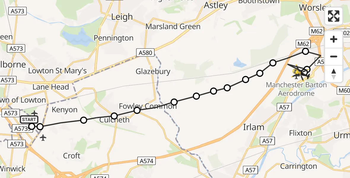 Flight path map showing Police Helicopter route from Kenyon Hall Farm Airstrip to Manchester Barton Aerodrome