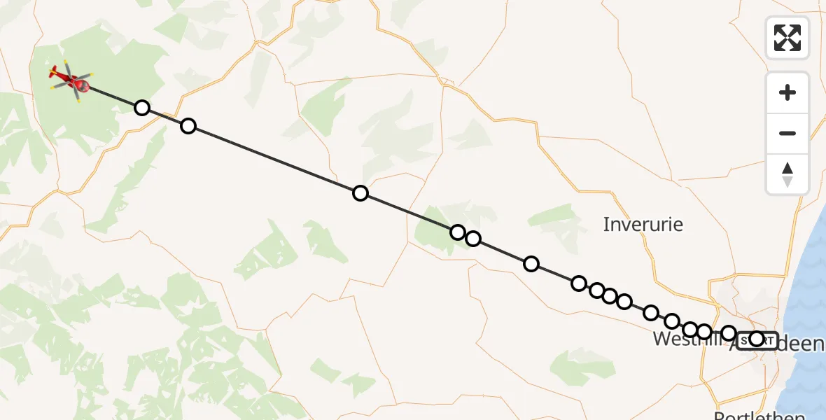 Flight path map showing Air Ambulance Helicopter route from Aberdeen Royal Infirmary Helistrip to Advie