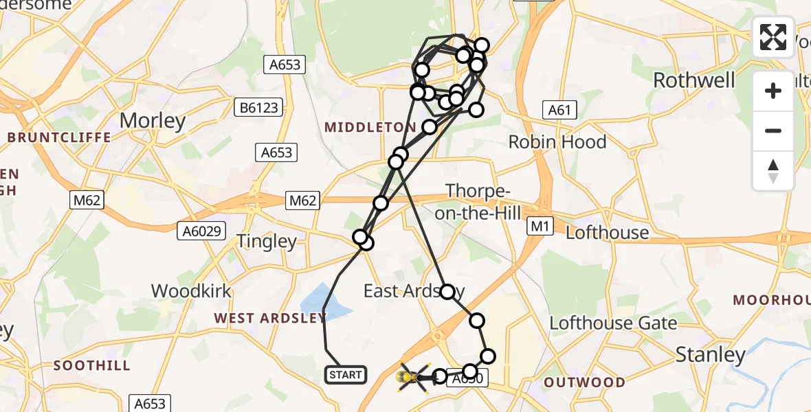 Flight path map showing Police Helicopter route from East Ardsley to East Ardsley