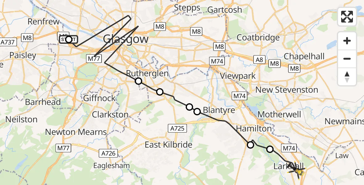 Flight path map showing Police Helicopter route from Queen Elizabeth Hospital to Larkhall