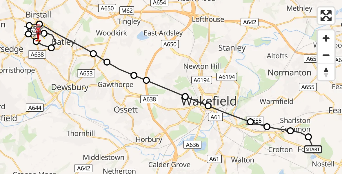 Flight path map showing Air Ambulance Helicopter route from YAA Nostell Helicopter Port to Birstall