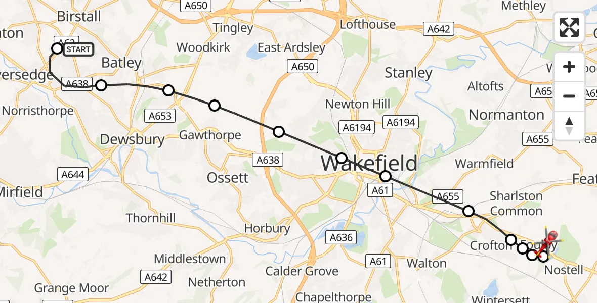 Flight path map showing Air Ambulance Helicopter route from Birstall to YAA Nostell Helicopter Port