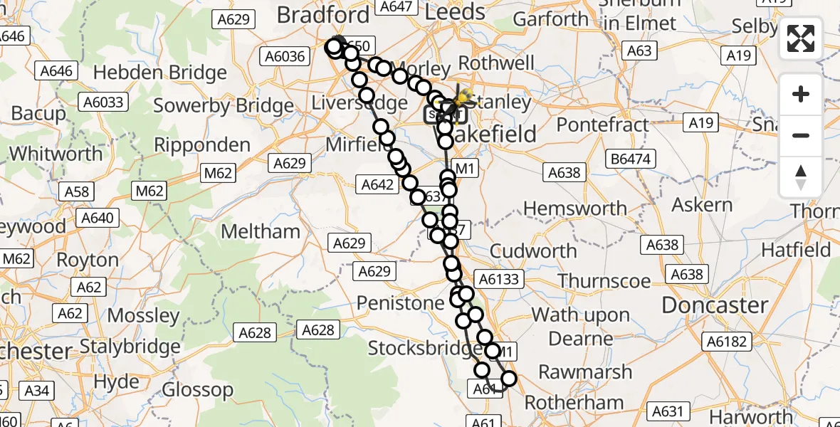 Flight path map showing Police Helicopter route from Woodkirk to East Ardsley