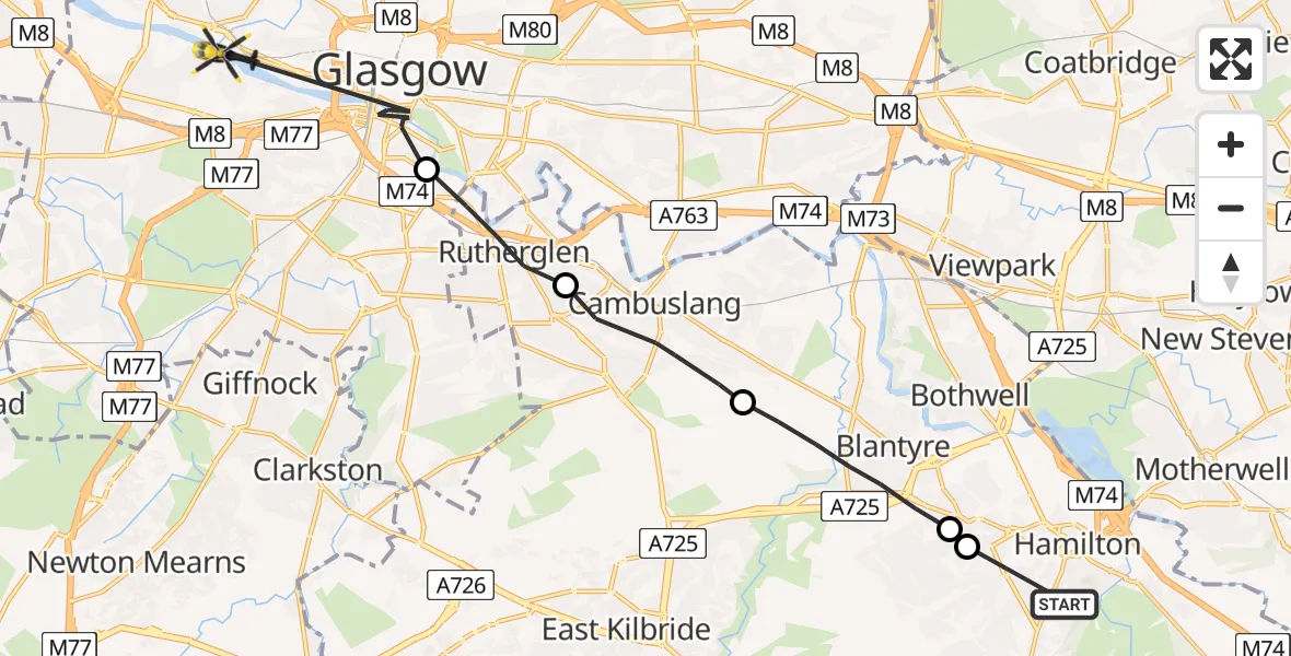 Flight path map showing Police Helicopter route from Hamilton to Glasgow