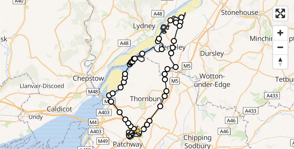 Flight path map showing Police Helicopter route from Almondsbury Helicopter Base to Almondsbury Helicopter Base