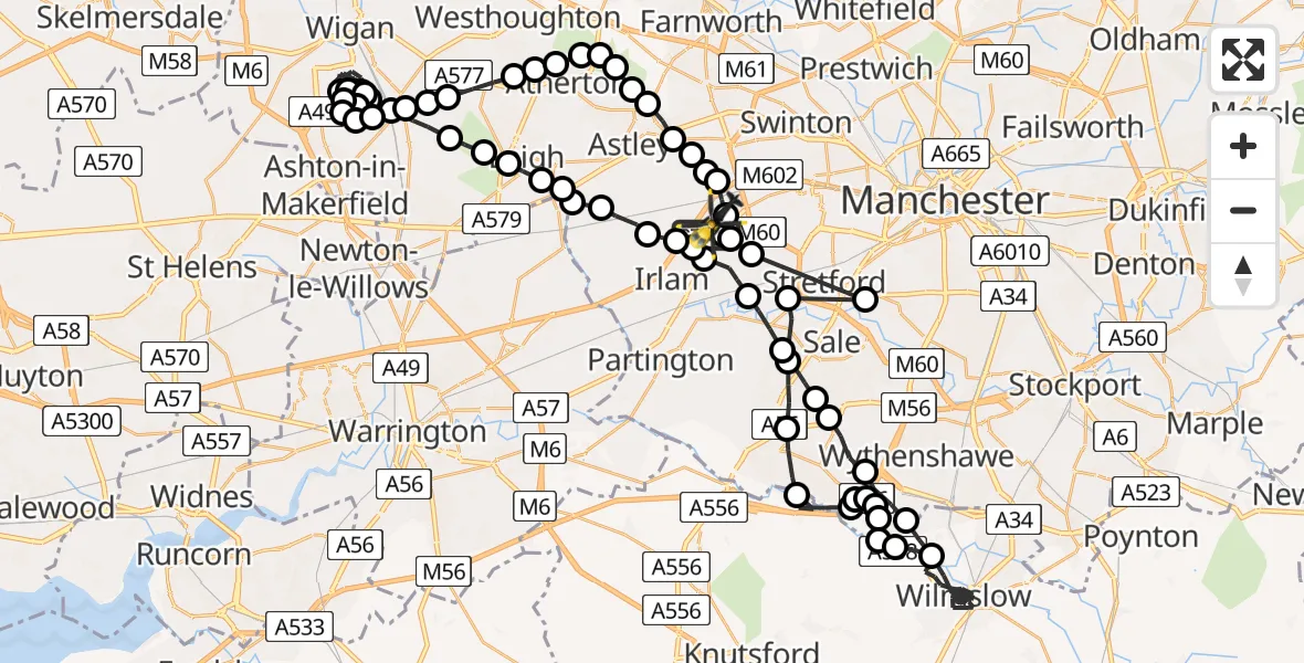 Flight path map showing Police Helicopter route from Manchester Barton Aerodrome to Manchester Barton Aerodrome