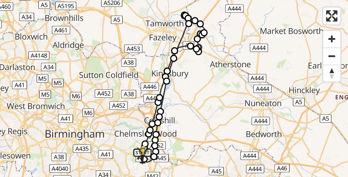 Flight route Police Helicopter Birmingham Airport - Birmingham Airport, 06 March 2026, 23:49