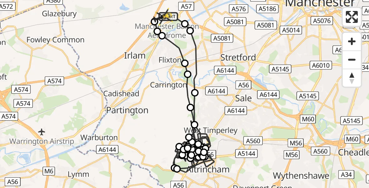 Flight path map showing Police Helicopter route from Manchester Barton Aerodrome to Manchester Barton Aerodrome