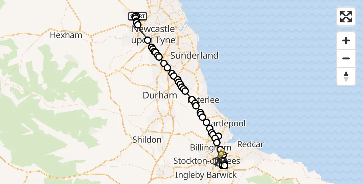 Flight path map showing Police Helicopter route from Newcastle International Airport to Middlesbrough