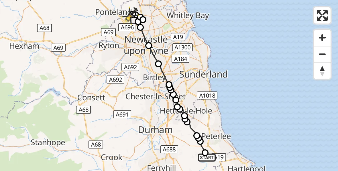 Flight path map showing Police Helicopter route from Hutton Henry to Newcastle International Airport