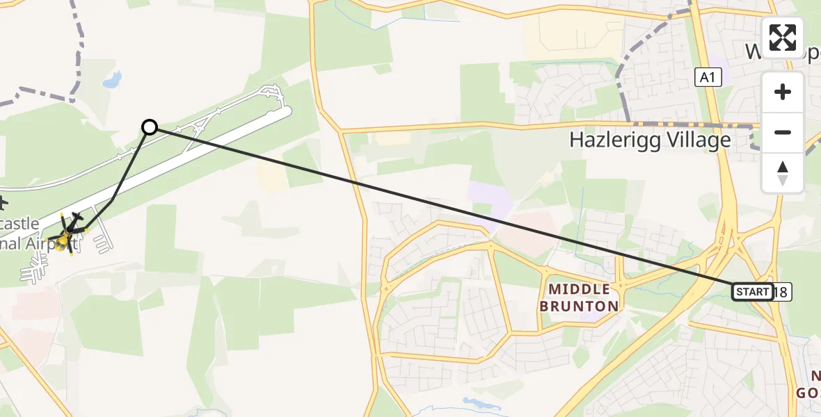 Flight path map showing Police Helicopter route from Hazlerigg Village to Newcastle International Airport