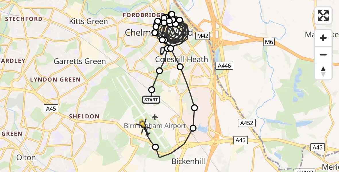 Flight route Police Helicopter Birmingham Airport - Birmingham Airport, 07 March 2026, 05:35