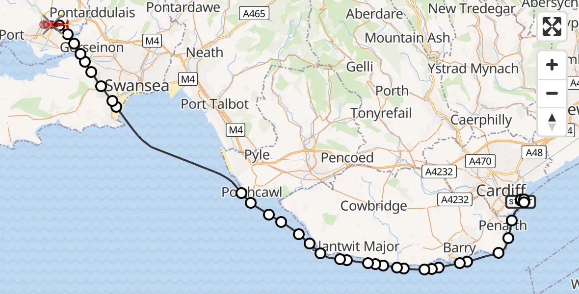 Flight path map showing Air Ambulance Helicopter route from Cardiff Heliport to Dafen