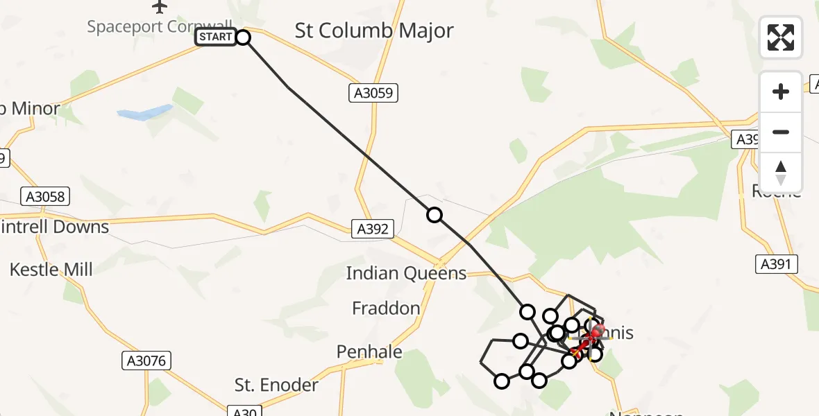 Flight path map showing Air Ambulance Helicopter route from Cornwall Airport Newquay to St Dennis