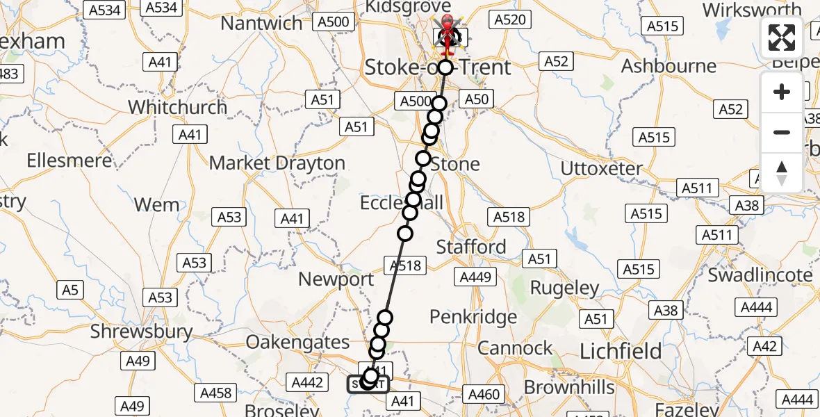 Flight path map showing Air Ambulance Helicopter route from RAF Cosford to Norton-Le-Moors
