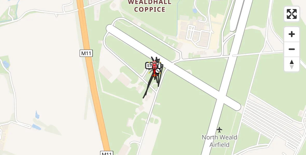 Flight path map showing Air Ambulance Helicopter route from North Weald Airfield to North Weald Airfield