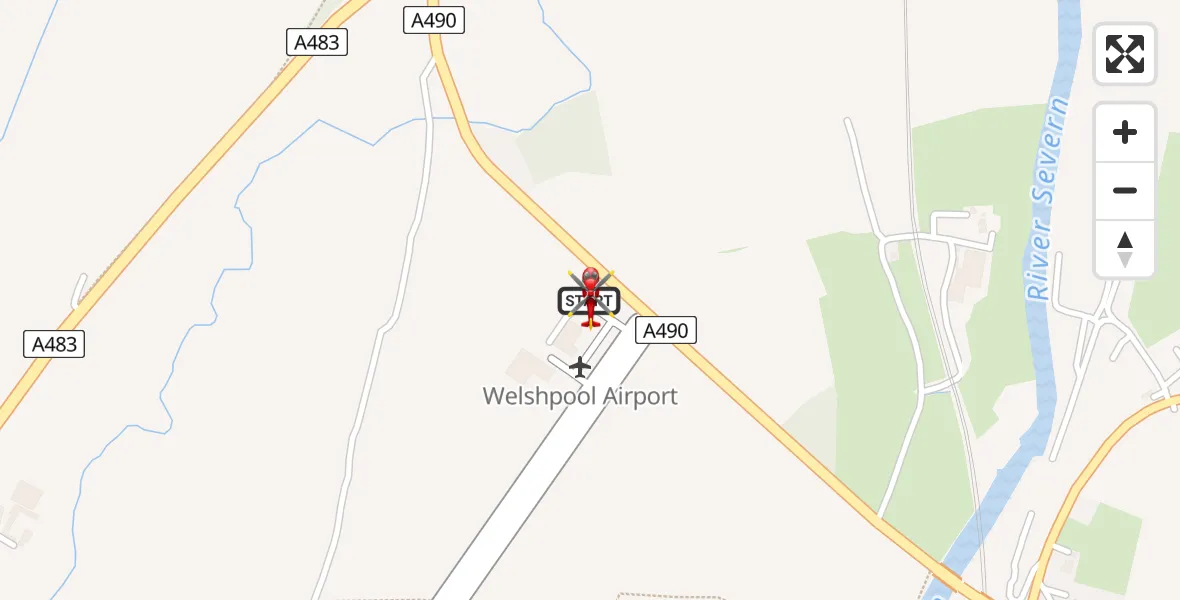 Flight path map showing Air Ambulance Helicopter route from Welshpool Airport to Welshpool Airport
