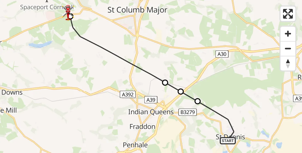 Flight path map showing Air Ambulance Helicopter route from St Dennis to Cornwall Airport Newquay