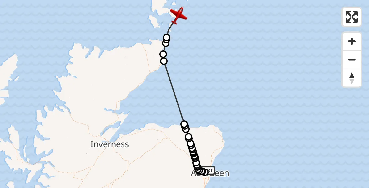 Flight path map showing Air Ambulance Aircraft route from Aberdeen City to North Atlantic Ocean