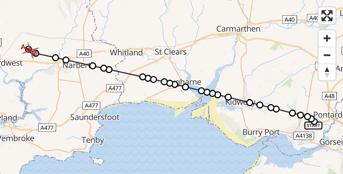 Flight path map showing Air Ambulance Helicopter route from Dafen to Wiston