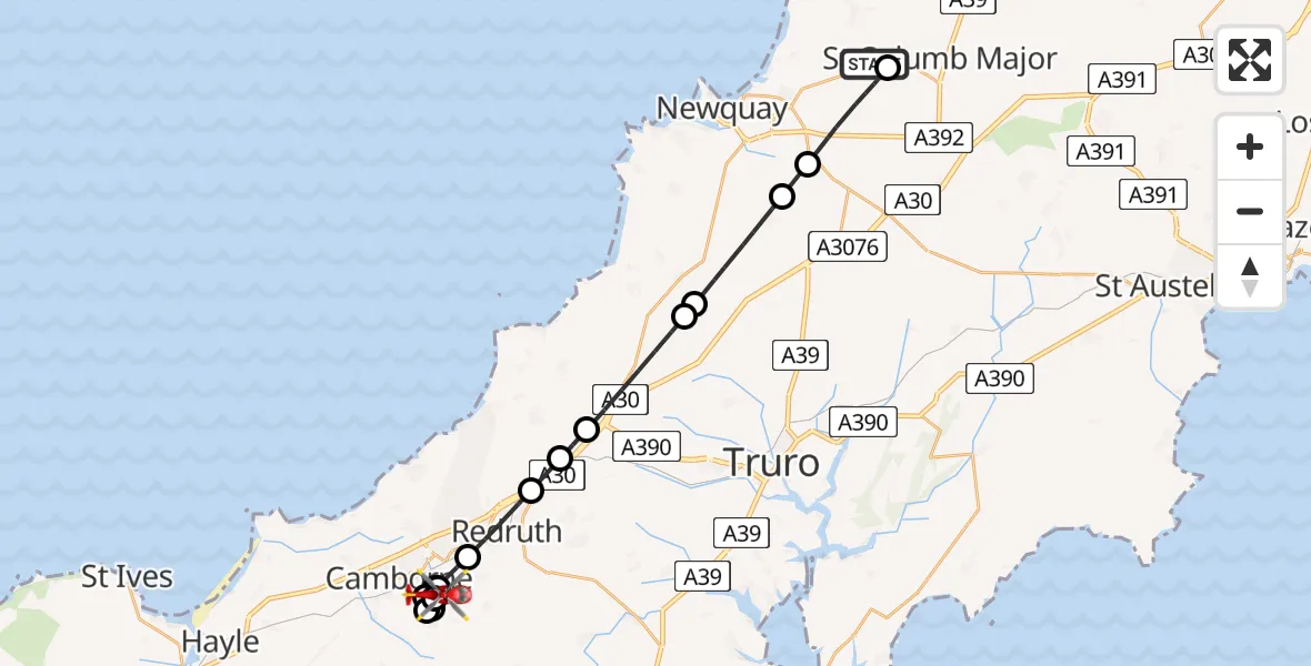 Flight path map showing Air Ambulance Helicopter route from Cornwall Airport Newquay to Beacon