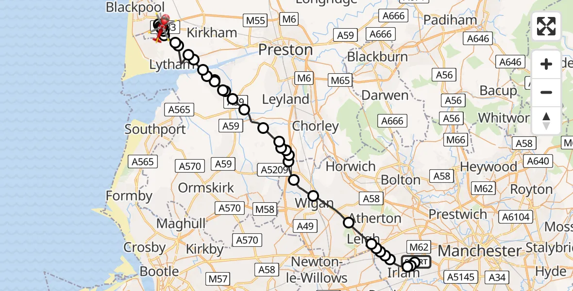 Flight path map showing Air Ambulance Helicopter route from Manchester Barton Aerodrome to Fylde