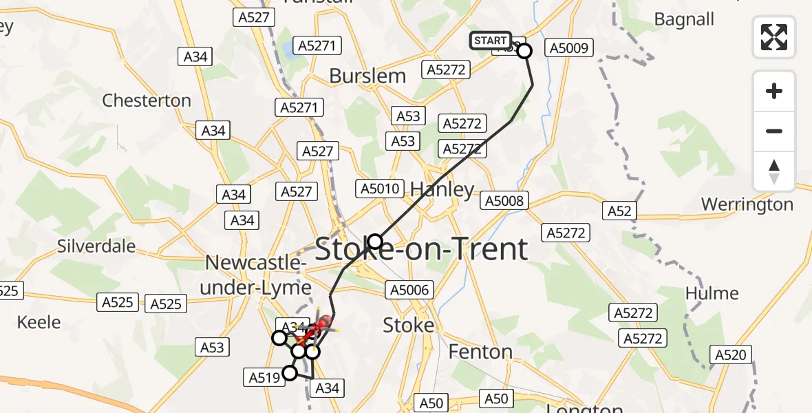 Flight path map showing Air Ambulance Helicopter route from Norton-Le-Moors to University Hospital North Staffs