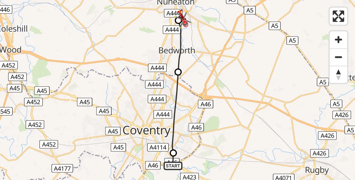 Flight path map showing Air Ambulance Helicopter route from Coventry Airport to Nuneaton